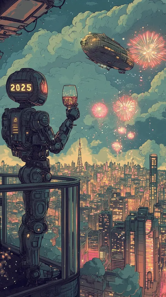 A futuristic cityscape at night is the backdrop to a robot celebrating the new year, 2025.  The robot, marked "2025" on its head, holds a wine glass aloft against a vibrant fireworks display.  A retro-futuristic airship floats in the sky above the glowing city, which includes a Tokyo Tower-like structure. The artwork combines elements of retro-styling with a modern, high-tech aesthetic, creating a unique blend of past and future.