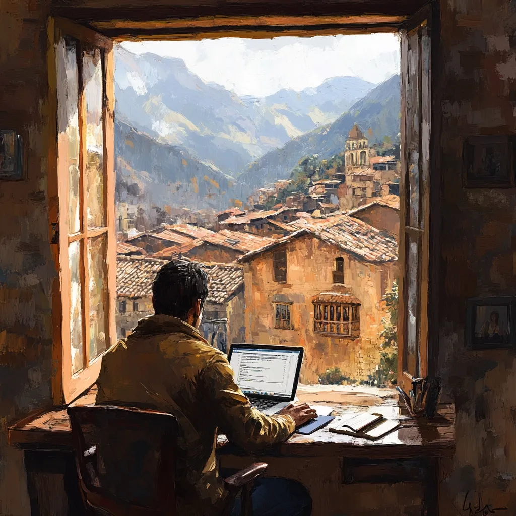 The painting depicts a man sitting at a desk in front of a large window overlooking a picturesque mountain village. He's working on a laptop, his back to the viewer, absorbed in his task. The village, nestled in a valley, features terracotta-roofed houses and a church steeple, all bathed in soft, natural light.  The scene evokes a sense of tranquility and remote work, contrasting the digital age with a timeless, idyllic setting.  The artist’s brushstrokes are visible, adding texture and depth to the overall composition.