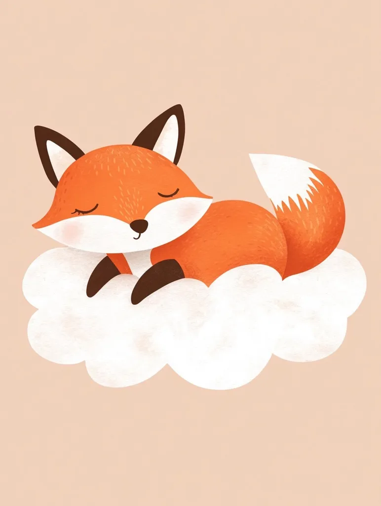 Here's a description of the image:

The illustration depicts a cute, cartoonish fox peacefully sleeping on a fluffy white cloud against a pale peach background. The fox is drawn in a simplistic style with rounded features, closed eyes, and a bushy tail. Its fur is a warm orange, and its paws are tucked neatly under its chin.  The cloud is textured, suggesting softness and airiness, providing a comforting visual. The overall style is whimsical and gentle, evoking feelings of calmness and tranquility.