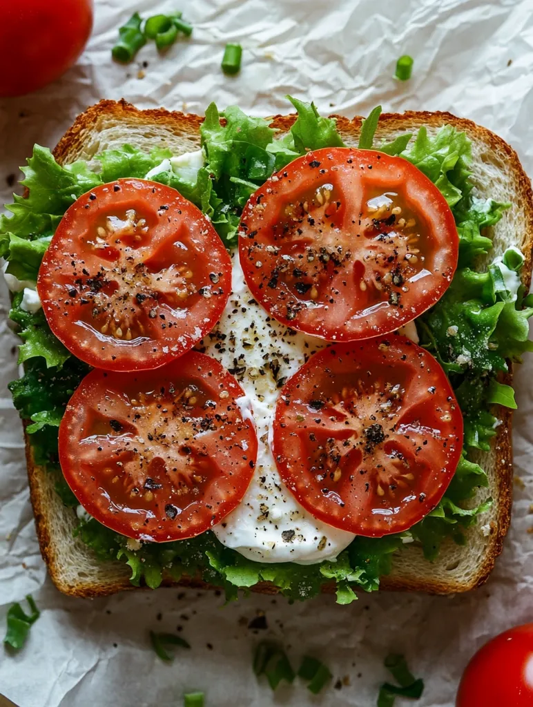 Here's a description of the image:

A close-up overhead shot reveals a delectable open-faced sandwich resting on crumpled white parchment paper.  The bread, toasted to a light golden brown, is generously topped with a creamy spread, possibly cream cheese or yogurt. Four thick slices of ripe tomato, seasoned with black pepper, are artfully arranged on the spread.  Fresh lettuce leaves encircle the tomatoes, adding a vibrant green contrast.  A scattering of finely chopped chives is visible on the paper, suggesting added seasoning.  The overall impression is one of freshness and simple, delicious ingredients.  Partially visible tomatoes lie in the background and lower right corner.