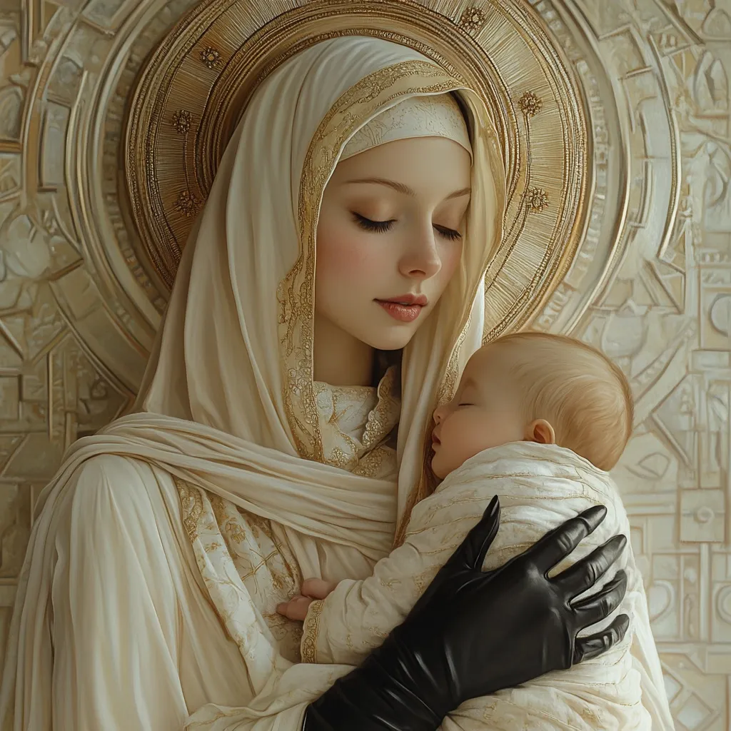 Here's a description of the image:

The artwork depicts a serene Madonna-like figure, draped in flowing, cream-colored robes adorned with delicate gold embroidery.  She holds a sleeping infant close to her chest, cradling it gently.  The woman’s eyes are closed, suggesting tranquility and devotion.  Her expression is peaceful and loving. A large, ornate gold halo encircles her head, further emphasizing her sacred maternal role.  The background features intricate, geometric patterns in muted golds and creams, suggesting a sacred space. The contrast between the soft, light colors of the Madonna and the baby and the dark leather gloves adds an intriguing visual element. The overall style evokes a sense of classical religious art, reimagined with a modern sensibility.