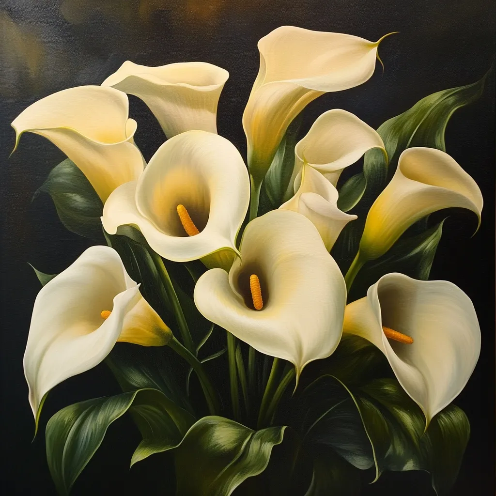 Here is a description of the image:

A close-up painting showcases a cluster of eight creamy-white calla lilies, their elegant forms and deep green foliage sharply contrasted against a dark background.  The lilies are meticulously rendered, highlighting the subtle variations in their texture and the delicate yellow stamens at their hearts. The lighting accentuates the curves of the petals and the sheen of the leaves, creating a sense of depth and realism. The overall impression is one of refined beauty and quiet elegance.