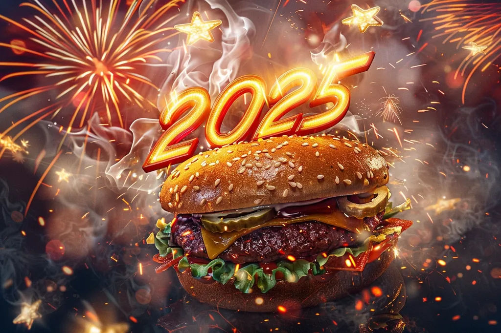 Here's a description of the image:

A juicy hamburger takes center stage, bathed in the fiery glow of celebratory fireworks.  The year "2025" is displayed in luminous, stylized lettering above the burger, suggesting a New Year's theme.  Sparks and smoke add to the dynamic, festive atmosphere. The burger appears incredibly appetizing, with cheese, lettuce, and pickles clearly visible. The overall impression is one of vibrant energy and deliciousness, combining the excitement of a new year with the tempting visual of a gourmet burger.