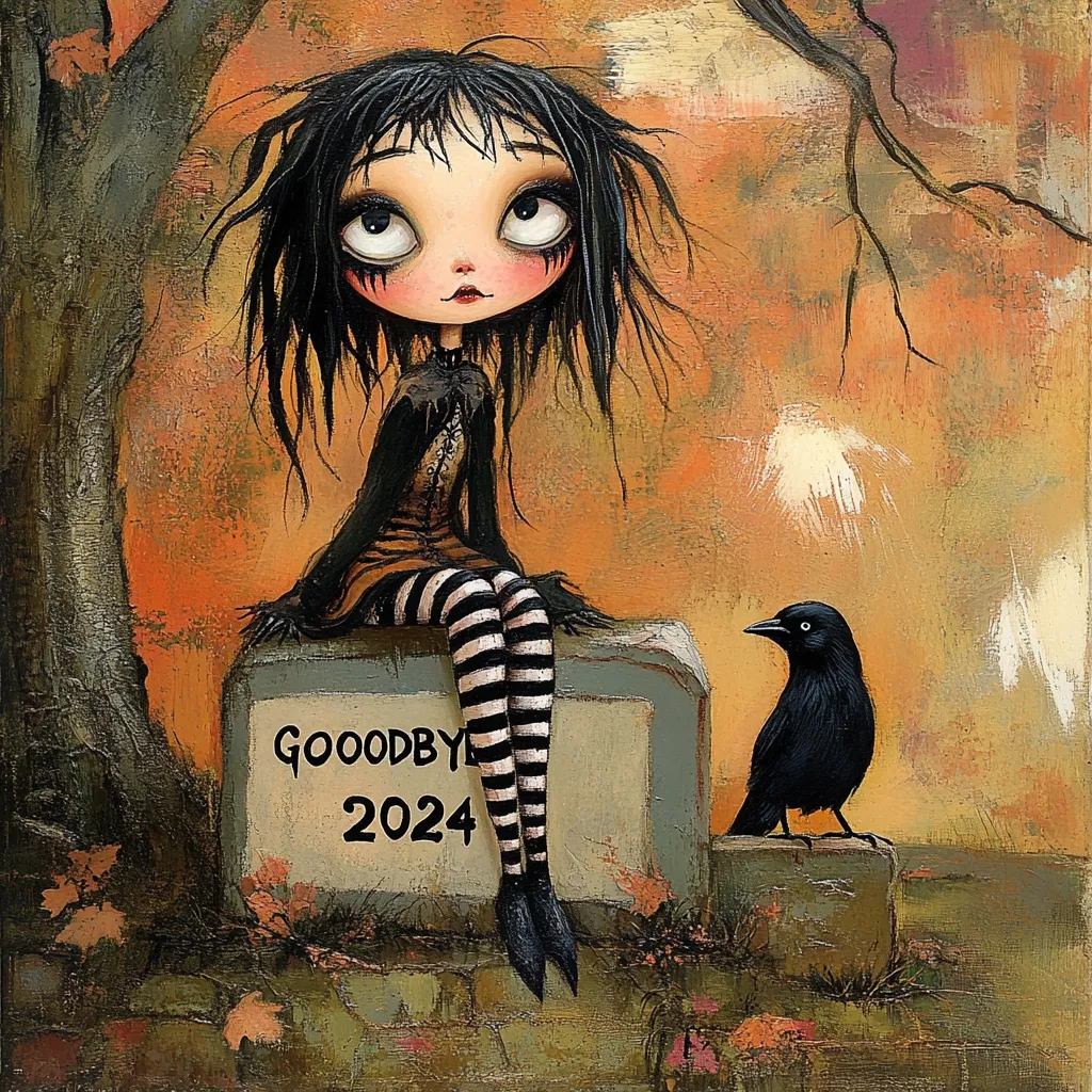 Here's a description of the image:

The artwork depicts a whimsical, dark-haired girl with large, expressive eyes, dressed in a striped outfit, sitting atop a tombstone inscribed "GOODBYE 2024."  A black crow perches on a smaller stone beside her. The backdrop is a muted autumnal palette with the suggestion of fallen leaves and a gnarled tree. The style is reminiscent of gothic children's book illustration, blending elements of the cute and macabre. The overall mood is melancholic yet captivating. The texture of the painting seems thick and expressive, enhancing the emotional depth.