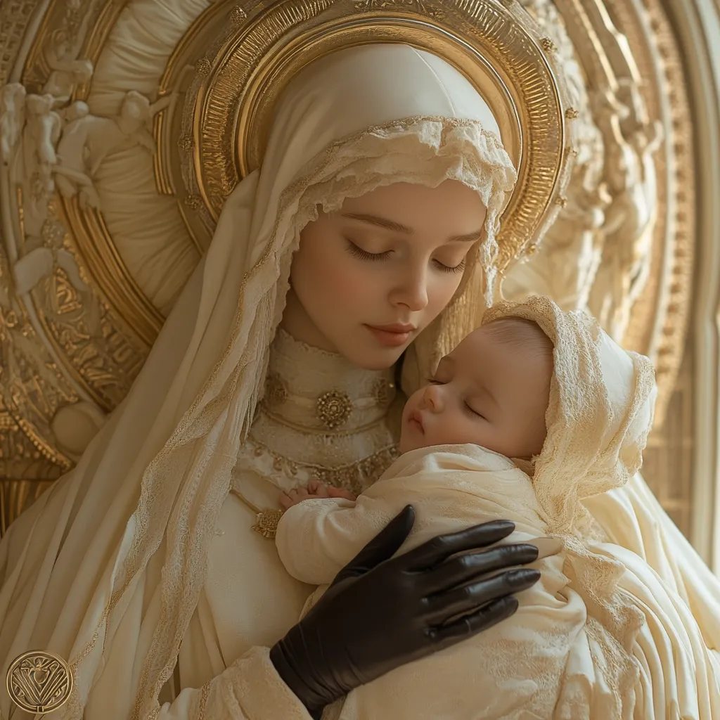 Here's a description of the image:

The image depicts a serene, ethereal woman in a flowing, cream-colored robe and elaborate headpiece, reminiscent of a Madonna figure. She holds a sleeping infant wrapped in similar pale fabrics. The woman's expression is one of gentle tenderness as she gazes down at the child.  The background features a gilded, ornate throne or frame, enhancing the regal and spiritual atmosphere.  The overall color palette is soft and muted, emphasizing a sense of peace and tranquility.  The style is highly stylized, possibly a digitally enhanced photograph or a piece of digital art.