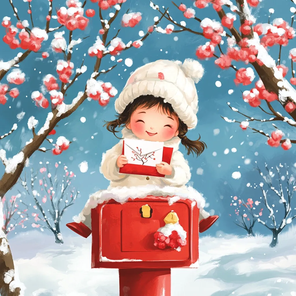 A charming illustration depicts a little girl, wearing a white knitted hat and coat, perched atop a bright red postbox in a snowy winter scene.  She happily holds a red envelope, possibly a letter, against a backdrop of snow-dusted trees with pink blossoms.  The overall style is whimsical and cute, conveying a feeling of warmth and festive cheer, perhaps suggesting the sending of a holiday card or message.  Soft light and falling snow add to the winter wonderland ambiance.