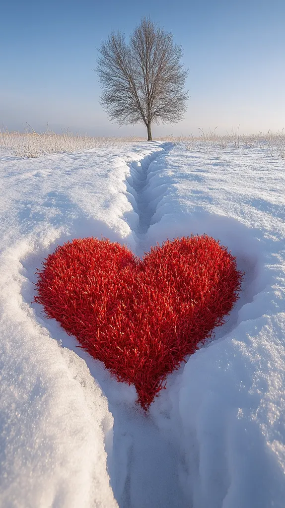 A snowy landscape unfolds under a clear blue sky. A lone, leafless tree stands sentinel in the distance, its silhouette stark against the bright backdrop.  A path, worn through the pristine snow, leads towards it, culminating in a large, vibrant red heart shape nestled in the snow. The heart, seemingly made of textured material, contrasts beautifully with the white expanse, creating a poignant image of love and solitude in the winter wonderland.