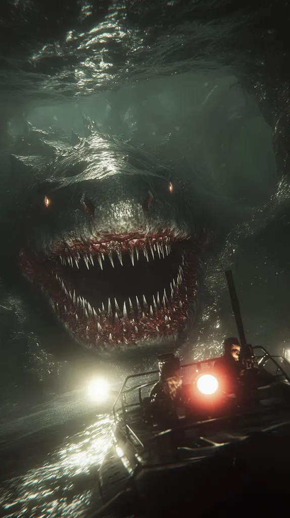 A monstrous, gaping-mawed shark dominates a dark, underwater scene. Its menacing presence fills the frame, illuminated by an eerie glow.  Two figures in a small boat, their faces partially obscured, are dwarfed by the creature, highlighting its immense size and power.  The water is murky, adding to the suspenseful and threatening atmosphere.  The overall feeling is one of impending danger and primal fear.