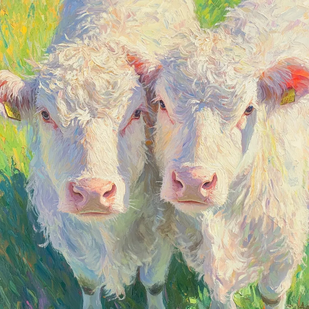 Here's a description of the image:

The painting depicts two white cattle, standing close together, their heads slightly tilted towards the viewer.  Their coats are rendered with thick, impasto brushstrokes, giving a textured, almost fluffy appearance. The cattle's pink noses and soft eyes are prominent details, conveying a gentle and calm expression.  The background is a blurry impression of green grass, suggesting a sunny, pastoral setting. The overall style is impressionistic, emphasizing light and texture over precise detail.  The color palette is predominantly white and soft greens and yellows, creating a luminous effect.