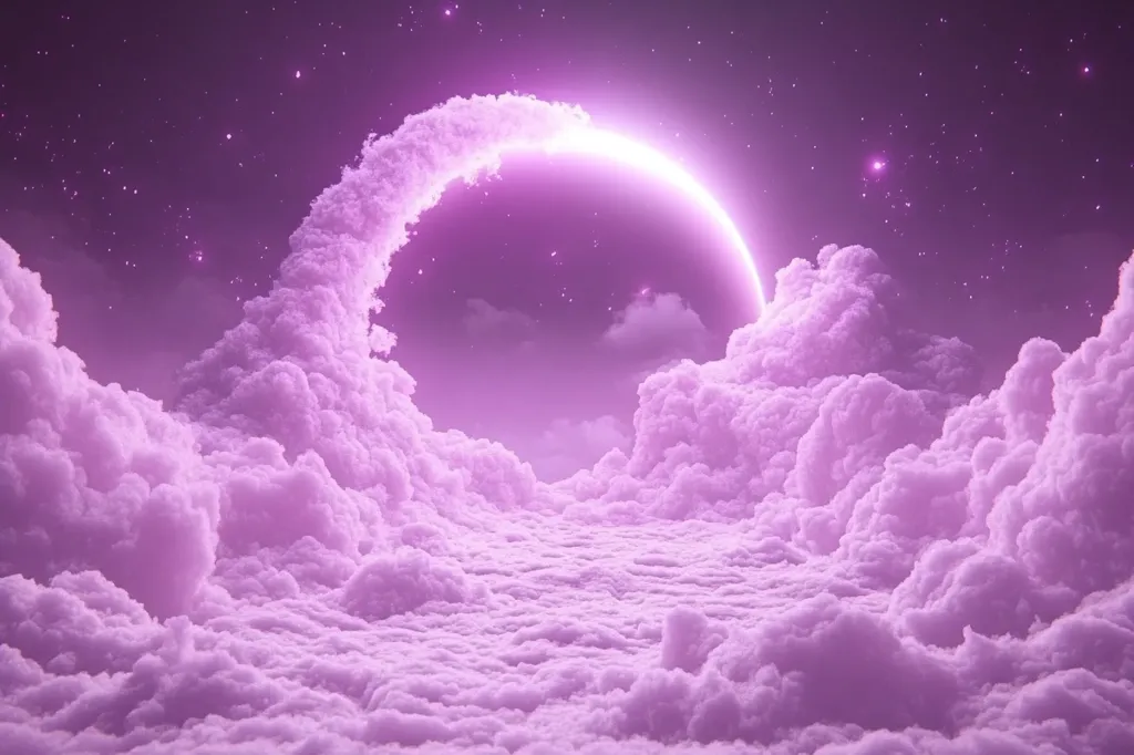 A surreal, dreamy landscape unfolds, bathed in a soft, purplish hue.  Fluffy, cotton-candy clouds dominate the scene, forming a pathway leading to a luminous, incomplete ring of light, reminiscent of a celestial halo or eclipse.  Tiny, glittering stars punctuate the dark purple sky above.  The overall atmosphere is ethereal and peaceful, suggesting a fantastical, otherworldly realm.