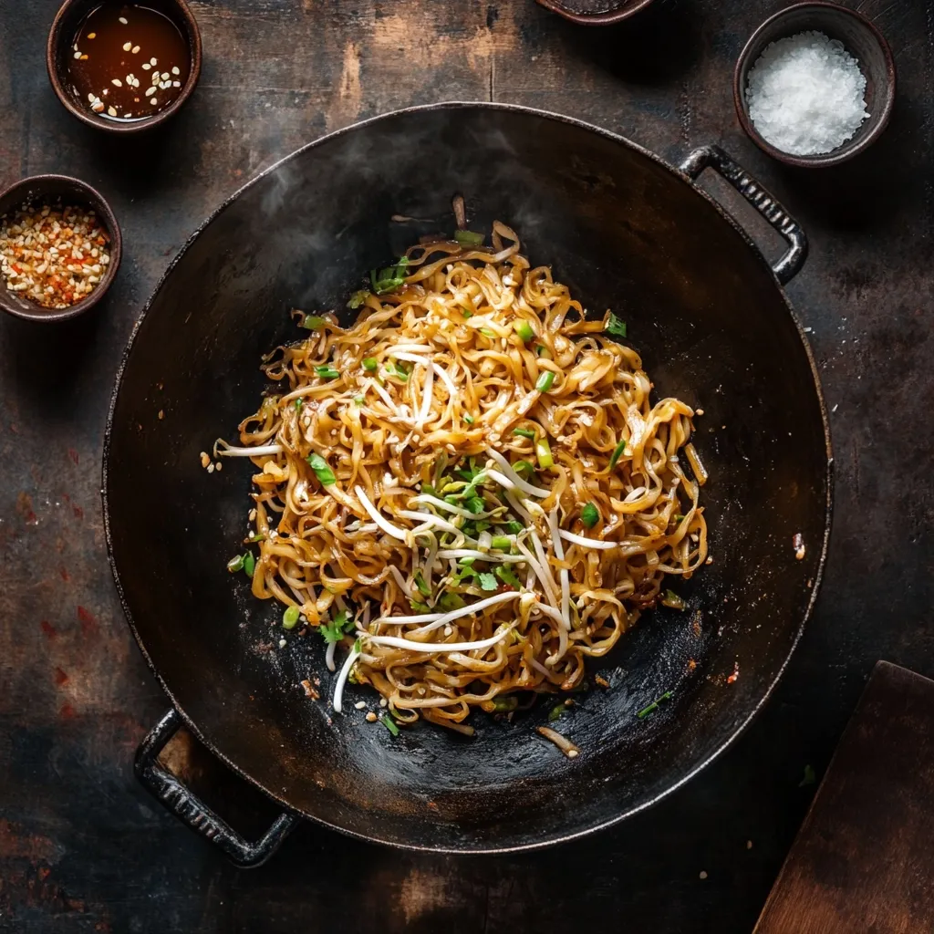 Here's a description of the image:

A high-angle, close-up shot shows a dark-colored wok filled with steaming noodles.  The noodles appear to be stir-fried and tossed with bean sprouts and what looks like chopped green onions.  The wok sits on a dark brown surface, surrounded by small bowls containing various sauces and seasonings—likely soy sauce, chili flakes, and salt. The overall scene suggests a freshly prepared Asian noodle dish.  The lighting is dramatic, emphasizing the textures and colors of the food and setting.