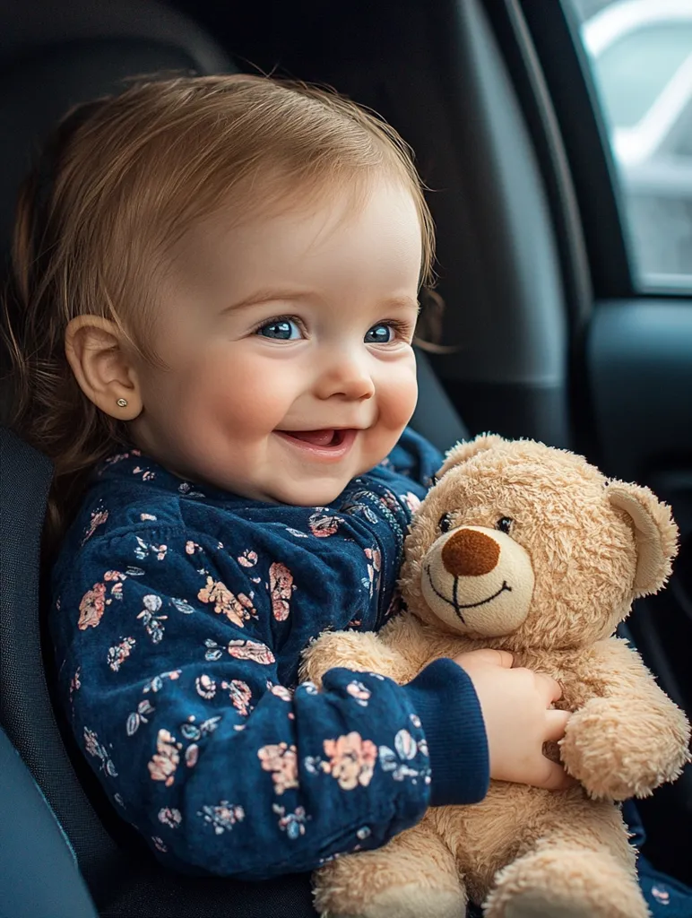 A joyful toddler, seated in a car seat, clutches a light brown teddy bear.  The child, with rosy cheeks and bright blue eyes, beams a radiant smile.  They wear a dark blue floral jacket.  The car's interior is dark and slightly out of focus, drawing attention to the cheerful baby and their beloved toy. The overall impression is one of warmth and innocence.