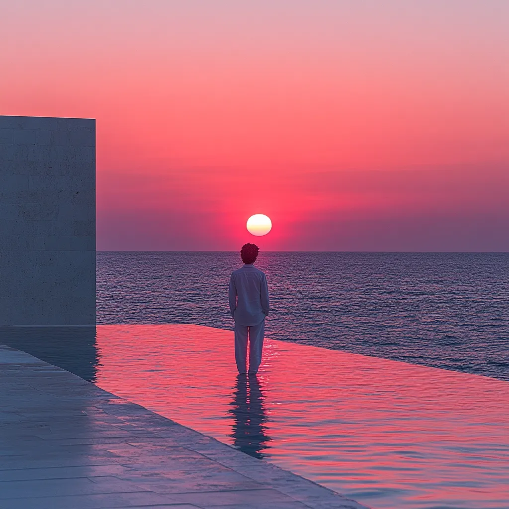 A person stands at the edge of an infinity pool overlooking a calm ocean at sunset. The sky is ablaze with vibrant pink and red hues, and a large, round sun is nestled near the horizon. The individual, dressed in light-colored clothing, is silhouetted against the colorful backdrop, their back to the viewer. A minimalist, light-grey concrete structure is partially visible to the left. The scene evokes a sense of tranquility and solitude.
