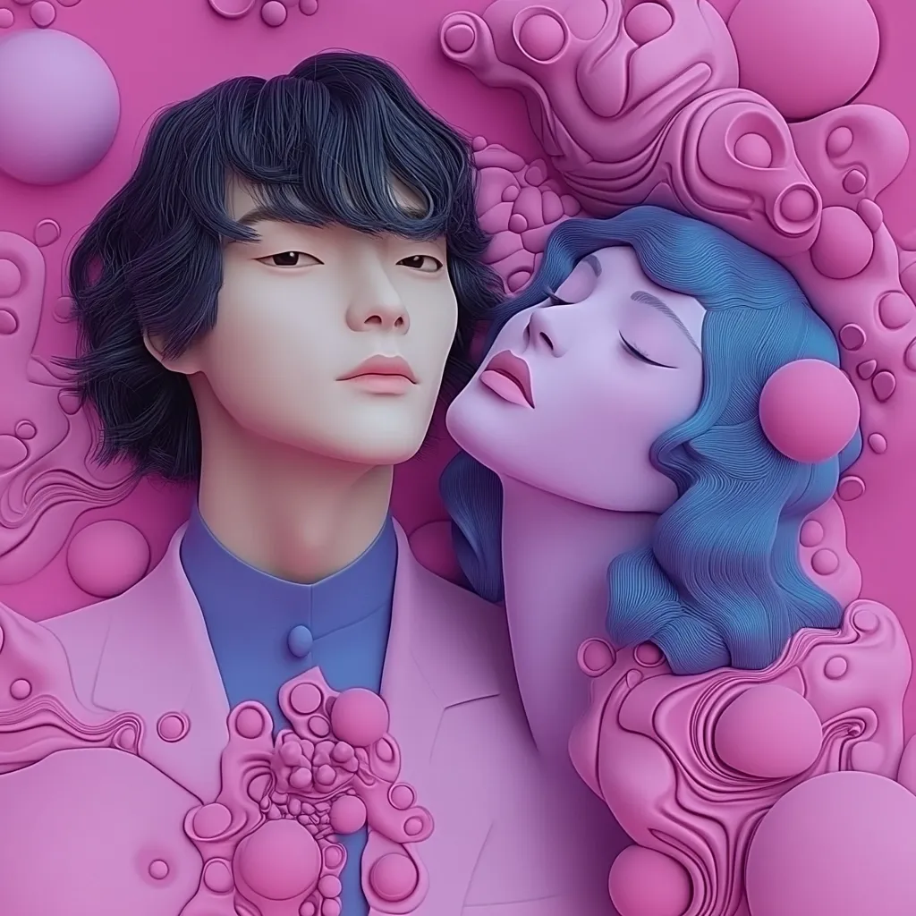 Here's a description of the image:

The image is a stylized, 3D rendering depicting a young man and woman in close proximity. The man has dark hair and is wearing a light pink suit with a lavender shirt. The woman has short, teal hair and her eyes are closed, suggesting serenity or sleep. They are both rendered in a smooth, almost clay-like texture. They are nestled within an abstract background of swirling, pink organic forms and spheres, creating a dreamy, surreal atmosphere. The overall color palette is soft and pastel, predominantly pinks and purples. The scene evokes a sense of intimacy and otherworldliness.