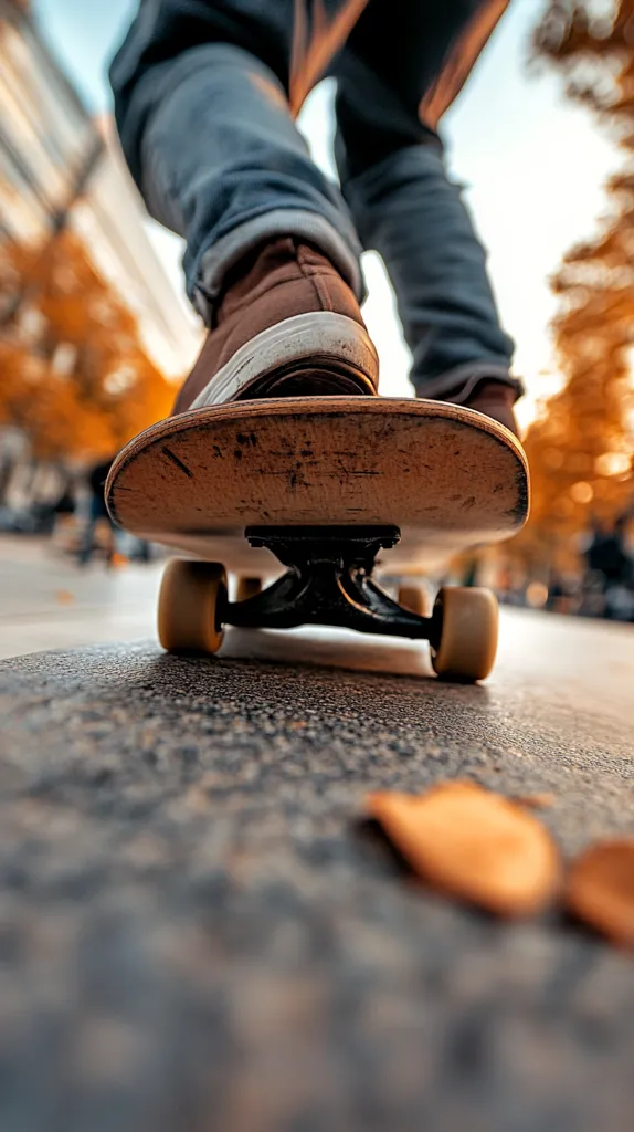 Here is a description of the image:

A low-angle, close-up shot focuses on the deck of a skateboard, with the legs and feet of a skateboarder visible above.  The skateboarder is wearing jeans and brown shoes. The skateboard is brown wood, appearing worn, and has black trucks and yellowish wheels. The background is blurred but shows an autumnal setting with trees exhibiting orange and yellow leaves, suggesting a city street or park. A fallen leaf lies in the foreground on the asphalt. The overall feeling is one of motion and casual skateboarding.