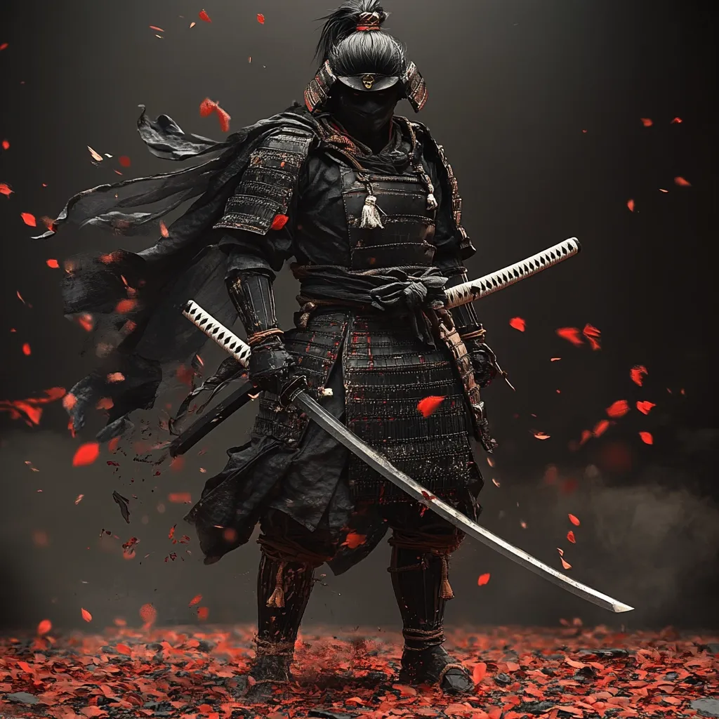 A striking digital rendering depicts a samurai warrior in full black armor, a katana held in their gloved hand.  The samurai's face is obscured by a mask, adding to the mysterious aura.  A flowing black cape trails behind them, contrasting against a ground scattered with crimson petals, suggesting a scene of either victory or somber reflection.  The image’s dark tones and sharp details create a powerful and dramatic visual.