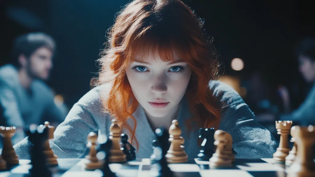 Close-up view of a young woman with vibrant red hair, intensely focused on a chessboard.  Her pale complexion and blue eyes are striking, her gaze fixed on the game. She leans over the board, her expression serious and determined.  A blurred background suggests she's in a dimly lit room with other people, possibly fellow players, slightly out of focus. The image evokes a sense of concentration and strategic thinking.