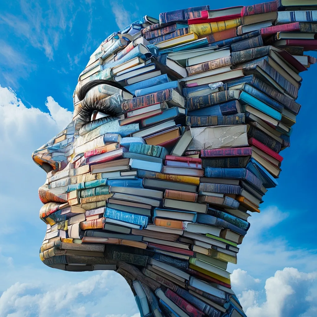 Here's a description of the image:

The image depicts a stylized female head and shoulders sculpted entirely from a multitude of books of varying sizes, colors, and thicknesses. The books are layered densely, creating a textured and three-dimensional portrait against a backdrop of a bright blue sky scattered with fluffy white clouds. The woman's profile is visible, with details like her eye and lips suggested by the arrangement of the books. The overall impression is one of knowledge, learning, and the power of literature.  The style is surreal and artistic, effectively blending the abstract form of the head with the concrete reality of numerous books.