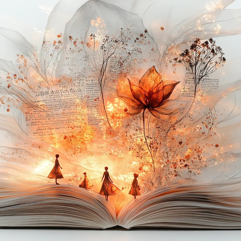 A whimsical artwork depicts an open book, its pages forming a landscape.  Within, translucent resin encapsulates dried flowers and text, illuminated from within, creating a warm glow.  Silhouetted figures of women and children walk along a path among the botanical elements, adding a sense of narrative and wonder to the scene. The overall effect is ethereal and dreamlike, blurring the boundaries between reality and fantasy.