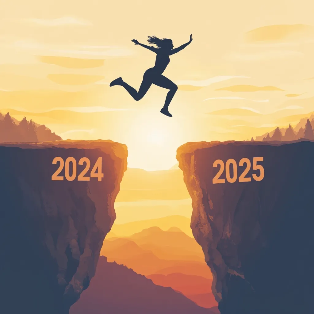 Here's a description of the image:

A stylized illustration depicts a woman silhouetted against a sunset, leaping across a chasm separating two cliffs.  The cliff on the left is labeled "2024," and the one on the right "2025." The woman's dynamic pose suggests a brave leap into the new year, symbolizing transition and facing challenges with courage and hope.  The warm sunset hues and mountainous landscape create a dramatic and inspiring backdrop.