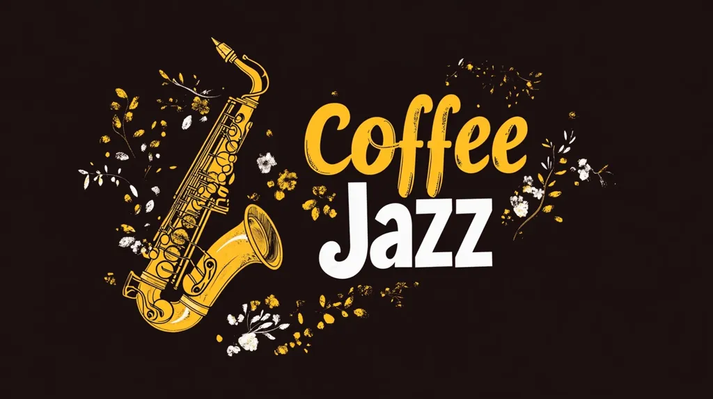 Here's a description of the image:

The image is a design featuring a gold-colored saxophone prominently displayed against a dark background. The saxophone is depicted in a sketch-like style.  Surrounding the saxophone are stylized floral elements in white and gold, creating a decorative frame.  The words "Coffee Jazz" are written in a large, stylized font; "Coffee" is in gold and "Jazz" in white.  The overall style is reminiscent of a vintage poster or logo, suggesting a café or music event. The dark background provides a strong contrast to the gold and white elements, drawing attention to the saxophone and text.