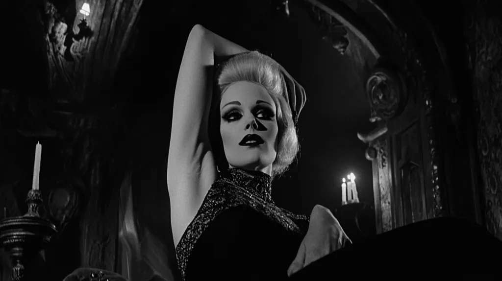 A black and white, dramatic close-up captures a woman with platinum blonde hair styled in a high updo.  She’s elegantly dressed in a dark, sequined top, her arm artfully raised above her head.  The background is dimly lit, featuring ornate, dark wood and flickering candlelight, creating a gothic and mysterious atmosphere. Her makeup is stark and emphasizes her eyes and lips, adding to the overall mood of the image. The scene feels theatrical and evocative.