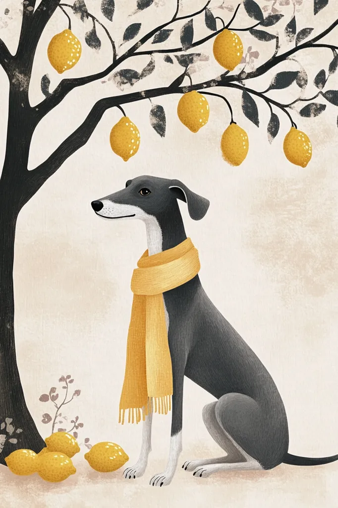 Here's a description of the image:

The illustration depicts a greyhound dog, sitting calmly under a lemon tree. The dog is rendered in muted grey tones and wears a soft, mustard-yellow scarf. Several ripe lemons hang from the stylized, dark-grey branches of the tree, some fallen on the ground near the dog. The background is a light beige, giving a soft, muted overall feel. The style is reminiscent of children's book illustrations, with a focus on simple shapes and a soft color palette. The image conveys a sense of tranquility and quiet contentment.