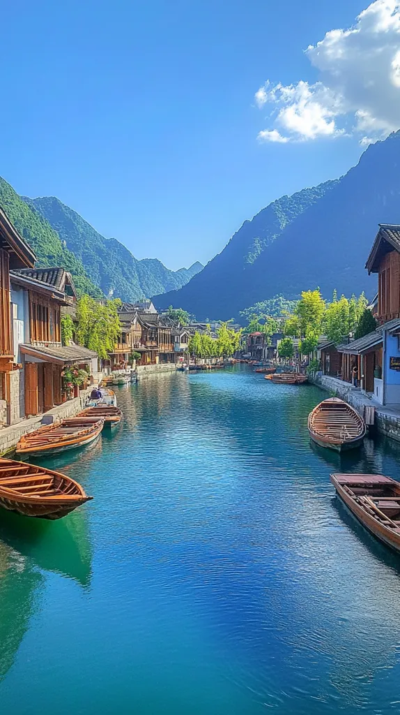 A picturesque canal winds through a tranquil village nestled in a valley.  Traditional wooden houses line the waterway, their reflections shimmering in the clear, teal water.  Wooden boats are moored along the banks.  Towering green mountains form a dramatic backdrop under a vibrant blue sky, punctuated by a few fluffy white clouds.  The scene evokes a sense of serenity and timeless beauty.