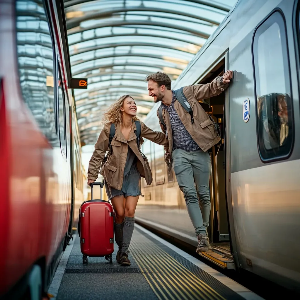 A joyful couple arrives at a train station.  The woman, pulling a bright red suitcase, beams at the man who is exiting a modern train. He smiles back, reaching out to her. They both carry backpacks, suggesting a journey. The scene is bright, capturing the energy and excitement of travel and the happiness of shared experiences.  The train platform is clean and modern, under a curved glass roof.