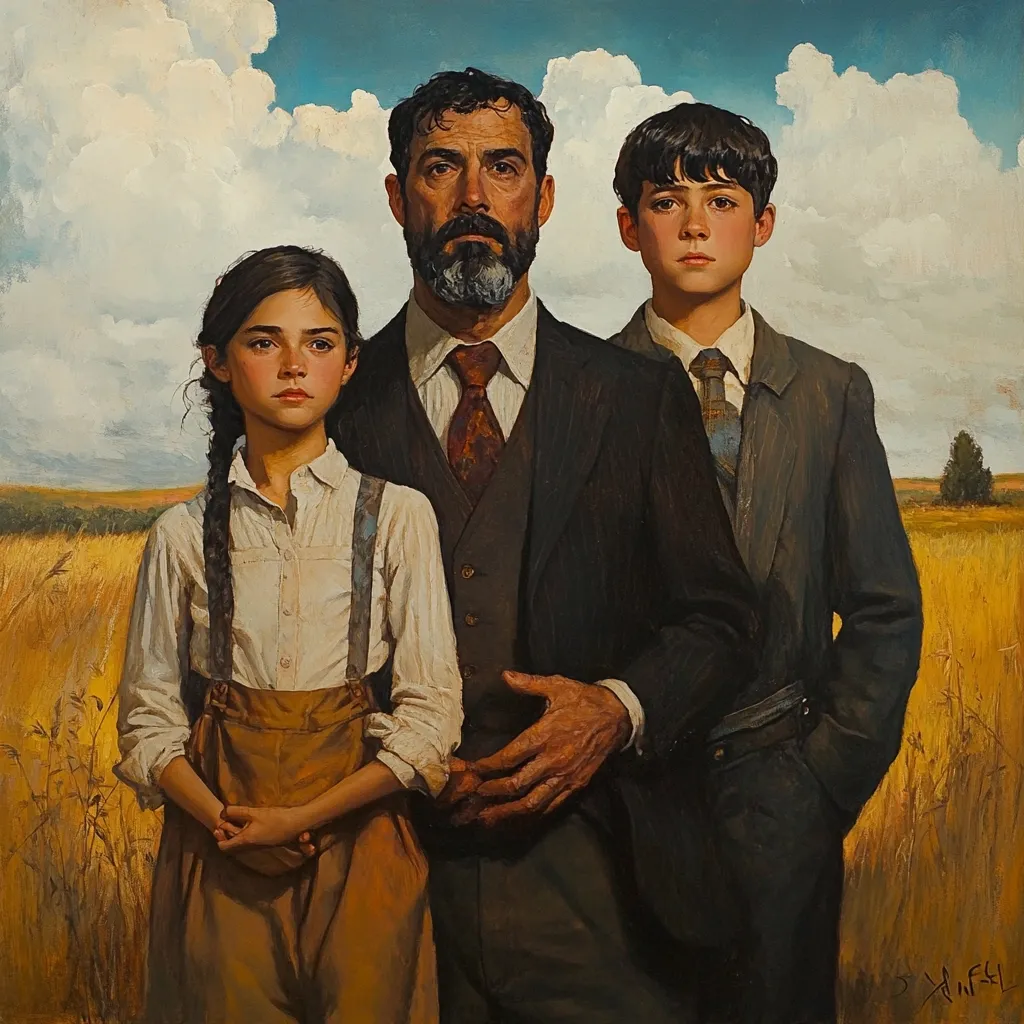 A realistic oil painting depicts a family portrait in a wheat field.  A bearded man in a dark suit stands centrally, his hand protectively resting on the shoulder of his young daughter who wears a light blouse and overalls.  To his right stands a son, similarly dressed in a suit. The family's serious expressions and the muted color palette create a somber yet dignified atmosphere, evocative of rural life. The backdrop of a golden wheat field under a partly cloudy sky enhances the overall rustic mood.