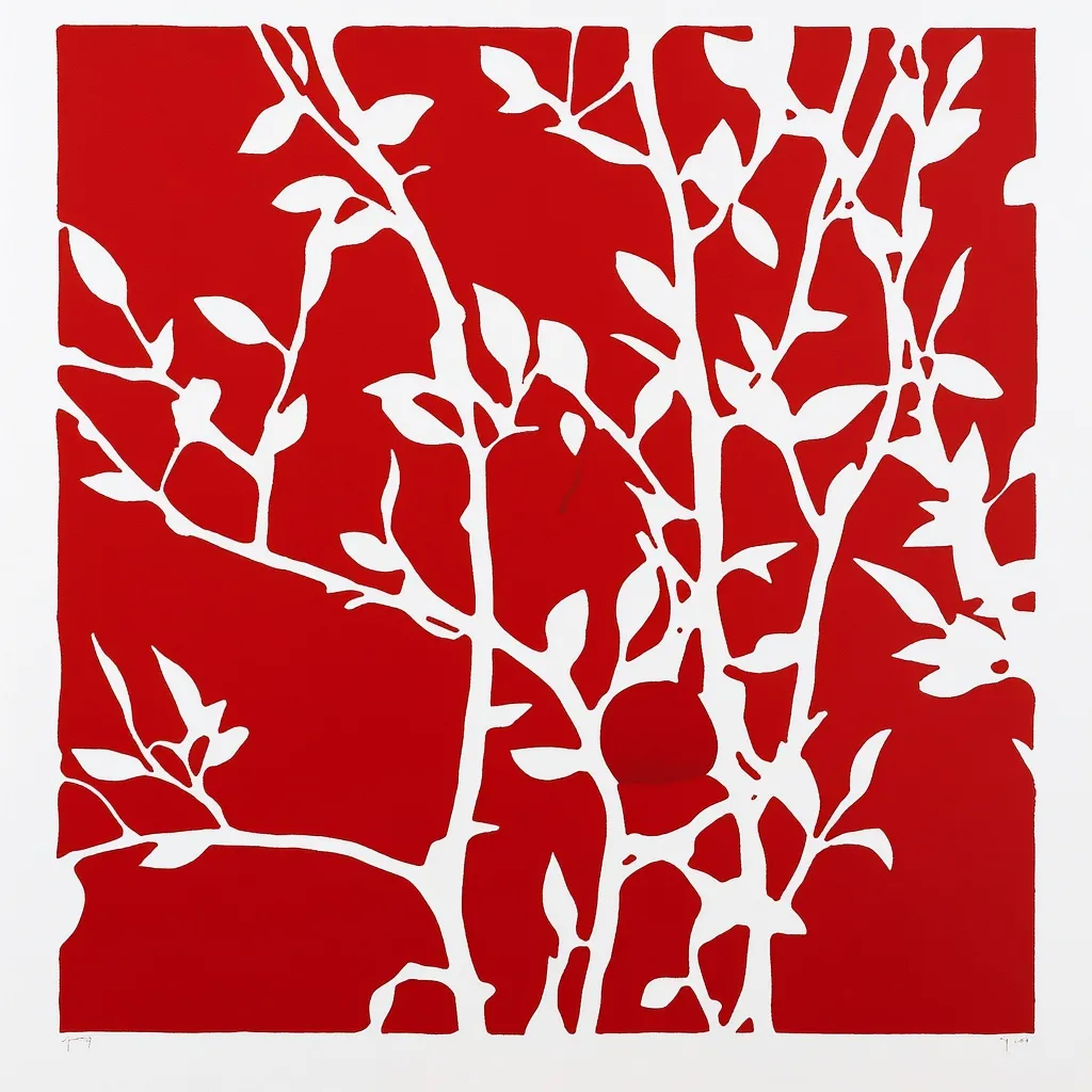 This vibrant artwork is a bold, graphic depiction of stylized branches and leaves, possibly a tree or bush, rendered in stark white against a deep red background.  The minimalist style uses negative space effectively, creating a strong visual contrast.  The image is squared, suggesting a sense of balance and order, with the organic forms of the plant life providing a counterpoint to the geometric framing.  The overall effect is one of striking simplicity and impactful color.