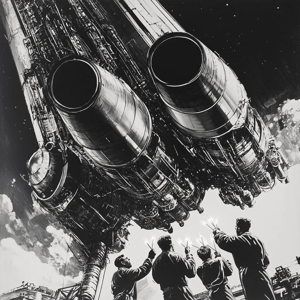 Here's a description of the image:

The black and white illustration depicts a colossal rocket's powerful engine cluster from a dramatic low-angle perspective. Four figures, dwarfed by the immense scale of the machinery, are shown working on the rocket's lower section, using what appears to be welding tools, sparks emanating from their work.  The rocket itself is highly detailed, showcasing its complex internal structure and multiple engines. The background suggests an industrial setting, with faint suggestions of buildings and a cloudy sky, further emphasizing the rocket's size. The overall style is reminiscent of mid-20th-century space race propaganda, emphasizing both technological prowess and human effort.