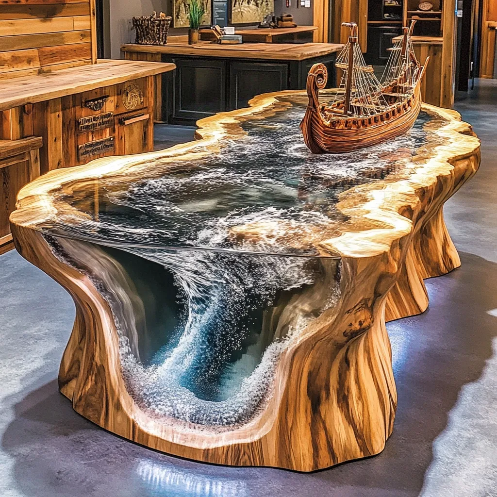 A stunning live-edge wood table features a resin inlay depicting a crashing wave, with a miniature wooden sailing ship nestled within the "water". The table's organic shape and rich wood grain contrast beautifully with the dark, glassy resin, creating a dramatic visual effect.  The craftsmanship is exceptional, showcasing a unique blend of natural and artificial materials. The overall impression is one of artistry and luxury.