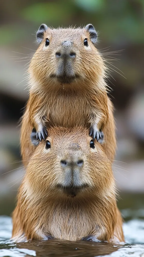 Here's a description of the image:

The photograph shows two capybaras, large semi-aquatic rodents.  One capybara is perched atop the other, creating a comical, stacked effect. Both animals have reddish-brown fur, and their faces are prominently displayed, showcasing their dark eyes and blunt noses. They appear relaxed and possibly in shallow water, with only their heads and upper bodies visible above the surface. The background is blurred, suggesting a natural outdoor environment with muted green tones. The overall mood is charming and humorous due to the unusual positioning of the animals.