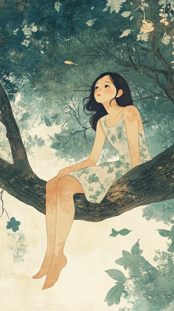 A young woman with long dark hair sits serenely on a thick tree branch, her floral dress blending with the surrounding foliage.  She gazes upward, possibly at a small bird visible in the distance. The illustration's muted, earthy tones and soft lines create a peaceful, dreamlike atmosphere, accentuated by the textured background suggesting a textured canvas or aged paper. The scene evokes a sense of quiet contemplation amidst nature.