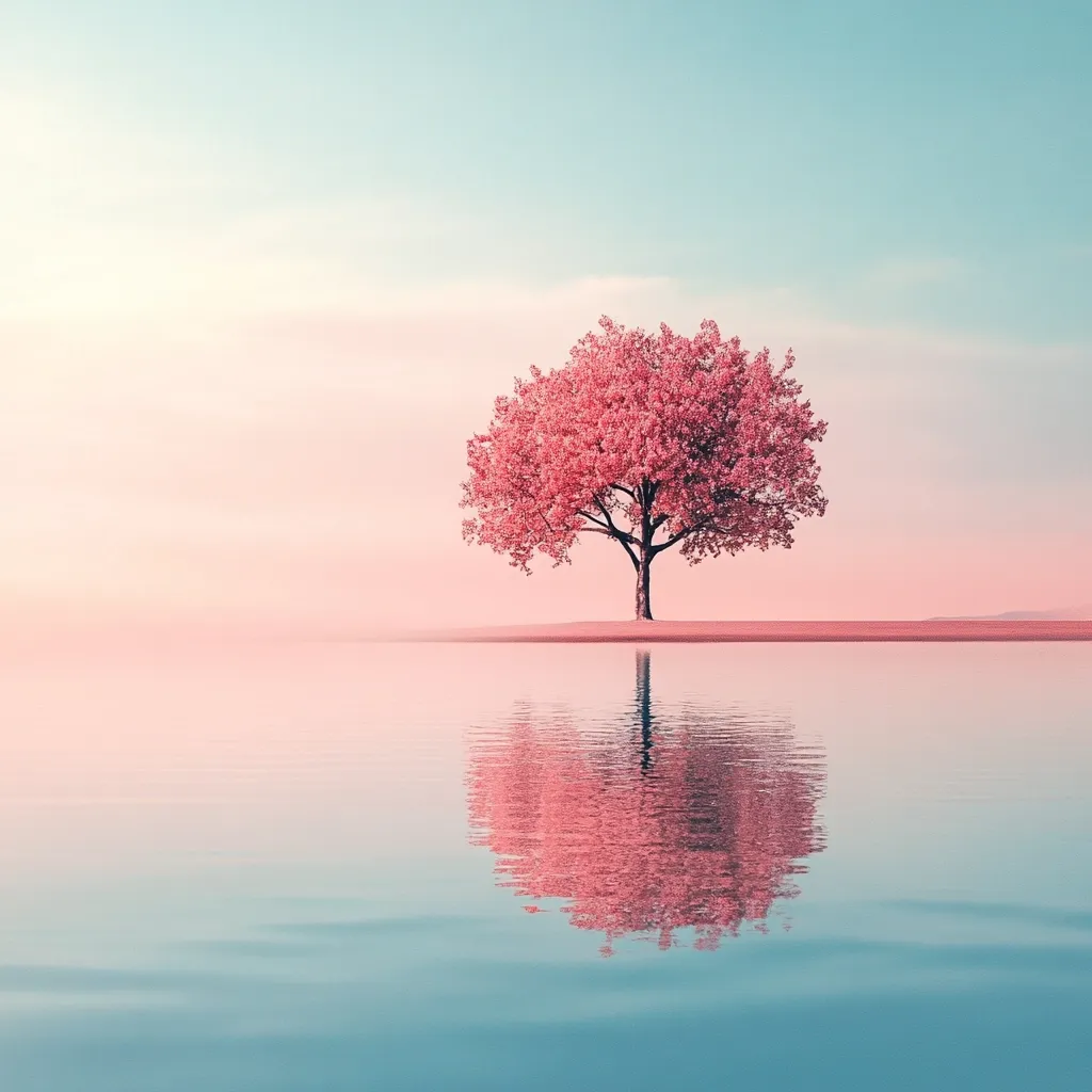 Here's a description of the image:

The image depicts a serene landscape featuring a single, blossoming pink tree situated on a small island in the middle of a calm, pale blue body of water.  The sky is a soft pastel blend of pink and light blue, creating a dreamy, almost ethereal atmosphere. The tree's reflection is perfectly mirrored in the still water, enhancing the symmetry and tranquility of the scene.  The overall color palette is soft and muted, contributing to the peaceful and contemplative mood. The scene evokes a sense of solitude and natural beauty.