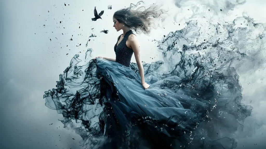 A woman with flowing dark hair wears a long, ethereal blue gown.  The dress billows dramatically, appearing almost to merge with dark, smoky tendrils surrounding her.  Two crows fly nearby, adding to the mystical, slightly melancholic atmosphere. The overall effect is dreamlike and artistic, suggesting themes of transformation or escape.  Dark particles scatter in the air, enhancing the sense of movement and fantasy.