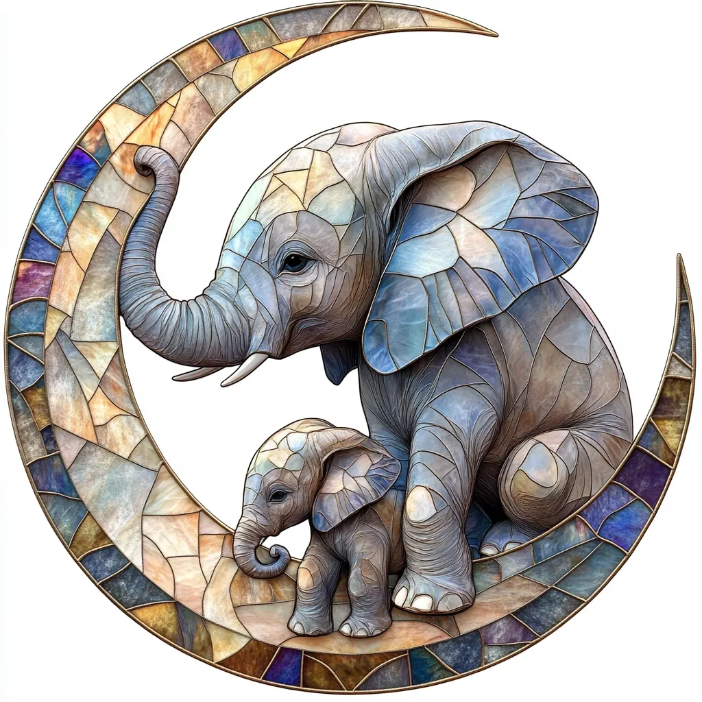 A digital artwork depicts a mother elephant and her baby calf sitting on a crescent moon. The style mimics stained glass, with colorful, textured pieces forming the elephants and the moon. The mother elephant is larger and sits protectively over her calf. The muted color palette is predominantly blues, grays, and browns, with accents of gold and other jewel tones in the moon's design.  The image is peaceful and evokes a sense of tenderness and family.