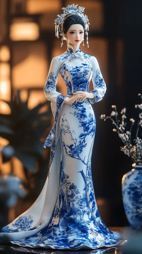 A porcelain figurine of a woman in an elegant, flowing gown is depicted. The gown is adorned with a stunning blue and white porcelain design, reminiscent of traditional Chinese patterns.  Her hair is intricately styled with a decorative headpiece. The figurine is posed gracefully, hands gently clasped in front. The overall impression is one of refined beauty and artistry, possibly representing a historical figure or mythical character. The background is softly blurred, focusing attention on the detailed craftsmanship of the figurine.