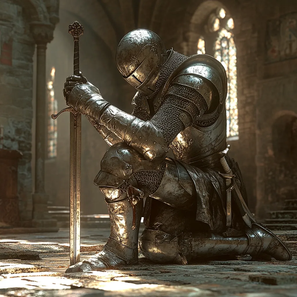 Here's a description of the image:

The image depicts a knight, clad in weathered, intricately detailed plate armor, kneeling in prayer within a dimly lit stone cathedral.  His head is bowed, his hands clasped around the hilt of a long sword planted upright in the ground before him.  The cathedral's architecture, with its arched doorways and stained-glass windows, forms a somber yet majestic backdrop.  Light streams in from the windows, illuminating the knight and highlighting the texture of his armor. The overall mood is one of solemnity and reflection.