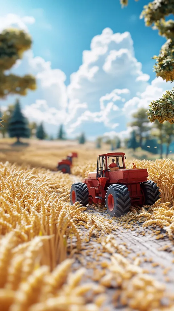 A vibrant red tractor, driven by a miniature figure, traverses a sun-drenched wheat field.  Golden wheat stalks line the tractor's path, creating a picturesque rural scene under a partly cloudy blue sky. Another tractor is visible in the distance, suggesting a larger harvesting operation. The overall impression is one of idyllic rural life and the bounty of harvest.