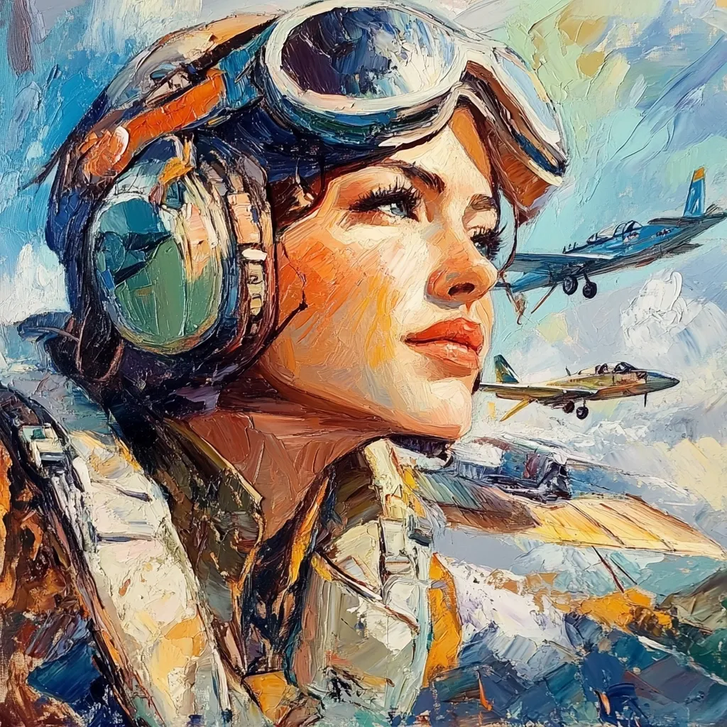 Here's a description of the image:

The painting is a vibrant, impasto portrait of a young woman aviator. She is depicted wearing a leather flight helmet with goggles and headphones, her gaze directed upward and to the right.  Two airplanes, rendered in a slightly more impressionistic style than the portrait, are visible in the background, suggesting flight and adventure. The overall style is expressive and painterly, using thick, visible brushstrokes to create a sense of motion and energy. The color palette is rich and warm, with blues, yellows, and oranges dominating.  The artist successfully captures a sense of both feminine beauty and powerful determination in the subject.