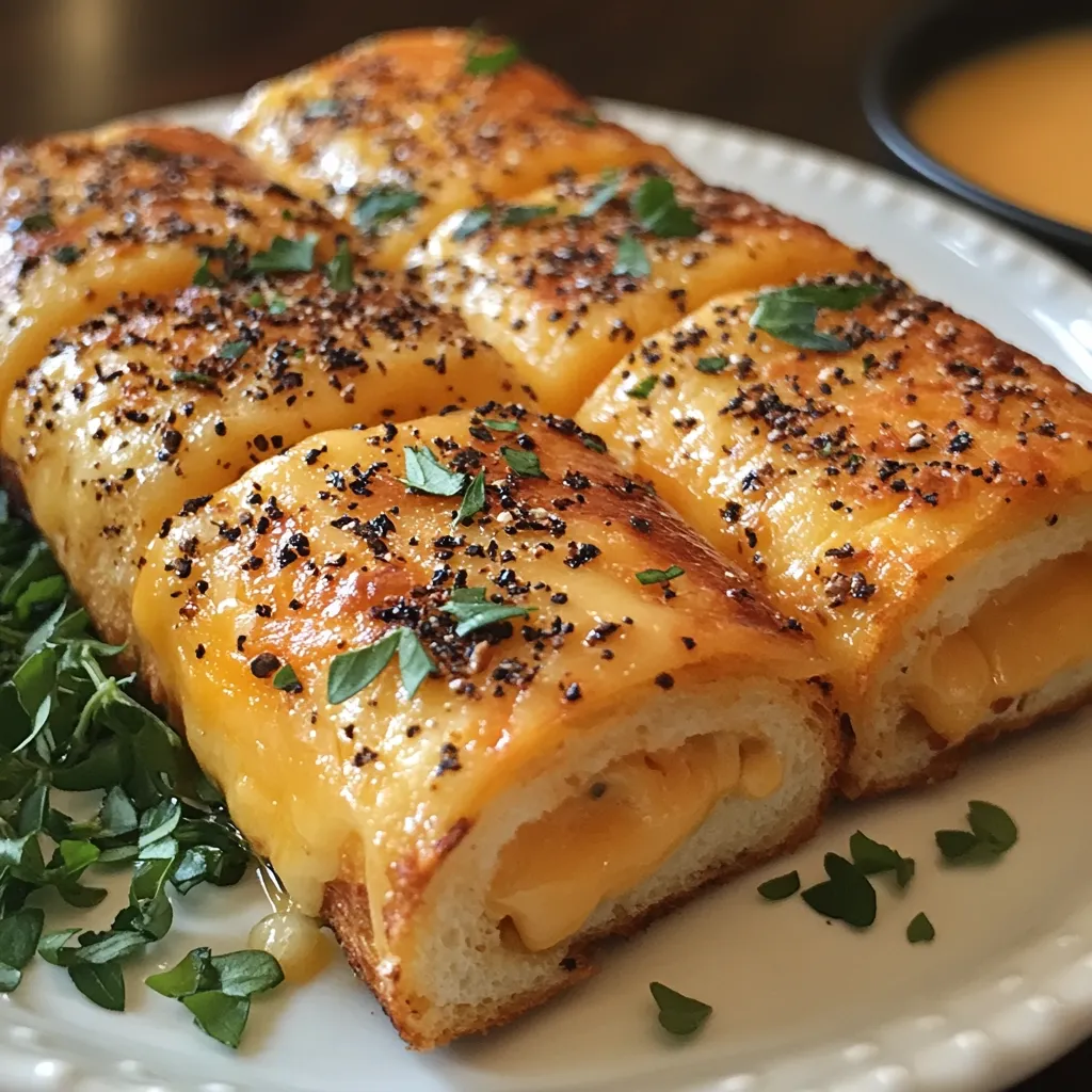 Here's a description of the image:

A close-up shot showcases six golden-brown, cheesy bread rolls arranged on a white plate.  The rolls are cut in half, revealing a melted cheese interior. They're generously sprinkled with what looks like black pepper and herbs, possibly oregano or thyme. Fresh sprigs of herbs garnish the plate alongside the bread. A blurred background suggests a dark table and a bowl of soup, adding depth to the image. The overall impression is one of warmth, comfort, and delicious baked goodness.