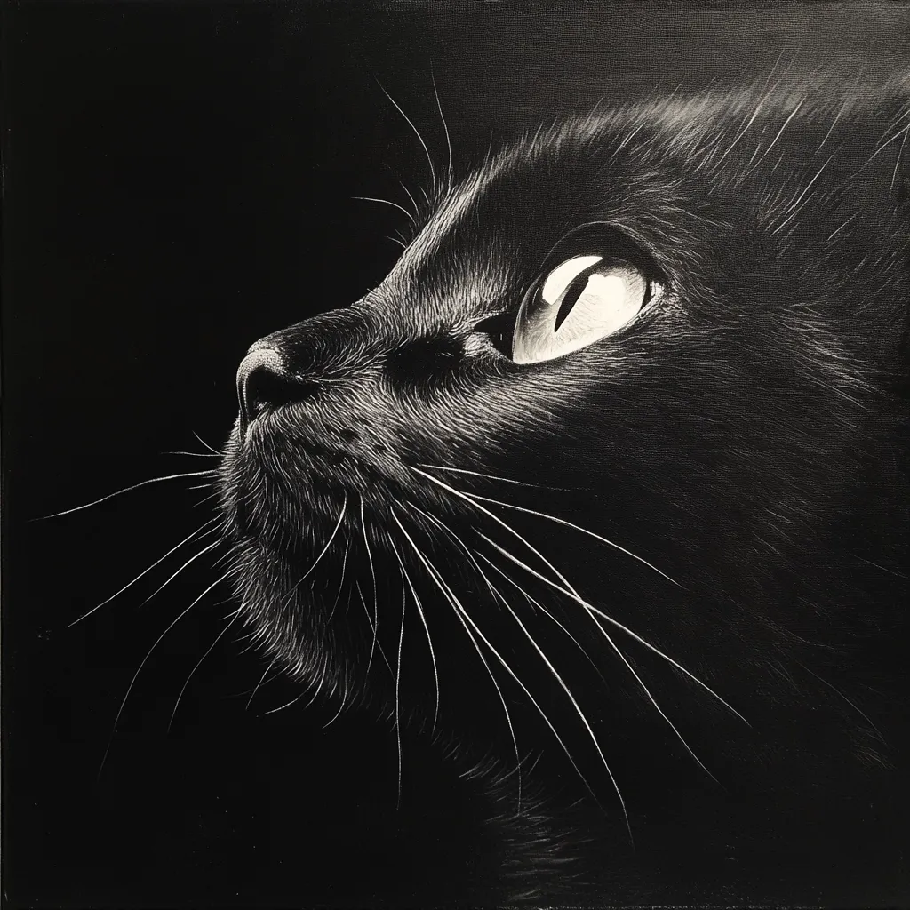 Here's a description of the image:

The artwork is a striking monochrome portrait of a black cat, rendered in shades of black and white.  The cat's head and shoulders are shown in profile, its gaze directed upward and to the viewer's left. The artist has expertly captured the texture of the cat's fur, using varying shades of black to create depth and highlighting individual hairs.  The cat's bright, reflective eye is a stark contrast against the dark fur, creating a captivating focal point. The overall effect is dramatic and elegant, emphasizing the cat's grace and mysterious nature.