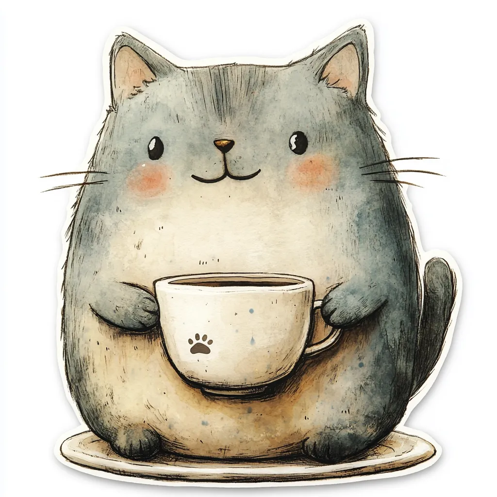Here's a description of the image:

The illustration depicts a charming, overweight gray cat sitting on a small plate, contentedly holding a coffee cup.  The cat's expression is sweet and gentle, its large eyes and round body contributing to its adorable appearance. The coffee cup is simple, off-white with a small paw print detail. The artistic style is soft, employing watercolor-like textures and muted colors, giving the image a cozy and comforting feel. The overall effect is whimsical and cute.