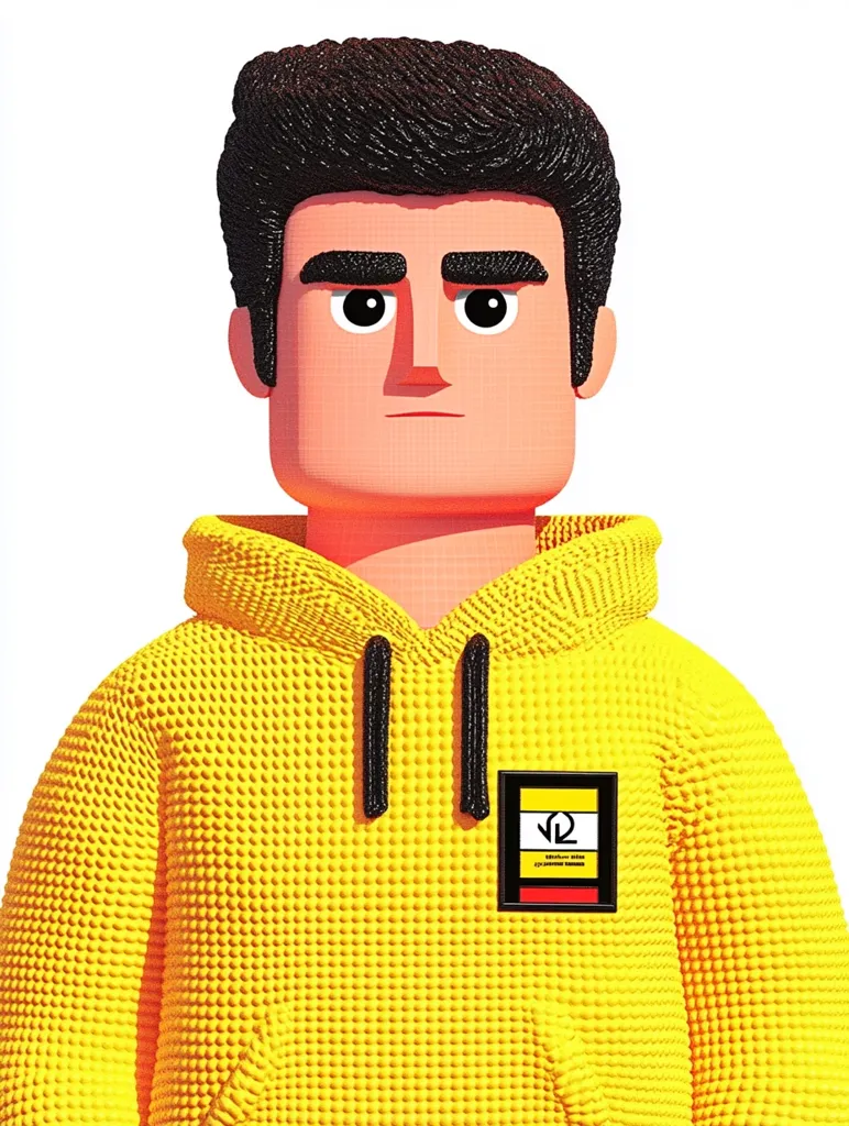 Here's a description of the image:

The image shows a stylized, 3D-rendered illustration of a man. He has dark hair styled in a pompadour, dark eyebrows, and a serious expression.  His skin is peach-toned, and his features are blocky and simplified, giving him a somewhat Lego-like appearance. He is wearing a bright yellow waffle-knit hoodie with a small, rectangular logo patch on the chest featuring a stylized "V12" and other small text. The overall style is clean, modern, and graphic.