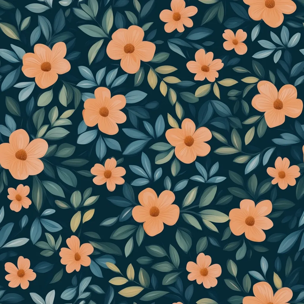 Here's a description of the image:

The image showcases a seamless pattern of peach-colored flowers and teal-green leaves on a dark teal background.  The flowers are stylized, with five rounded petals and a small, darker center.  They are densely scattered across the pattern, interspersed with varying sizes and arrangements of leaves, creating a lush, floral effect. The color palette is muted and calming, contributing to a serene and aesthetically pleasing overall design. The style is reminiscent of vintage botanical illustrations or wallpaper designs.