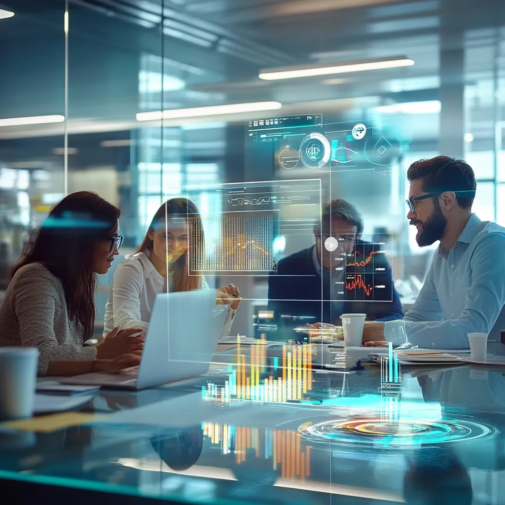 A team of four professionals collaborates around a glass table in a modern office.  Holographic displays project dynamic graphs, charts, and data visualizations onto the table's surface, seemingly integrated into their workspace.  The team, composed of two women and two men, appear engaged in analyzing the information presented, showcasing a technologically advanced and collaborative work environment. The atmosphere is bright and sleek, indicative of a forward-thinking business.