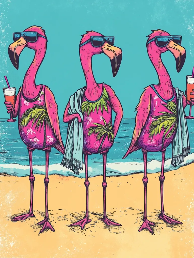 Here's a description of the image:

The illustration showcases three stylish flamingos on a beach, each sporting sunglasses and a vibrant tropical-print swimsuit.  They are depicted in a hand-drawn style with a textured, vintage feel. Two flamingos hold drinks, adding to the carefree beach vibe. One flamingo casually drapes a towel over its arm. The background features a simple ocean and sandy beach, complementing the flamingos' playful and relaxed demeanor. The overall style is reminiscent of retro surf culture.