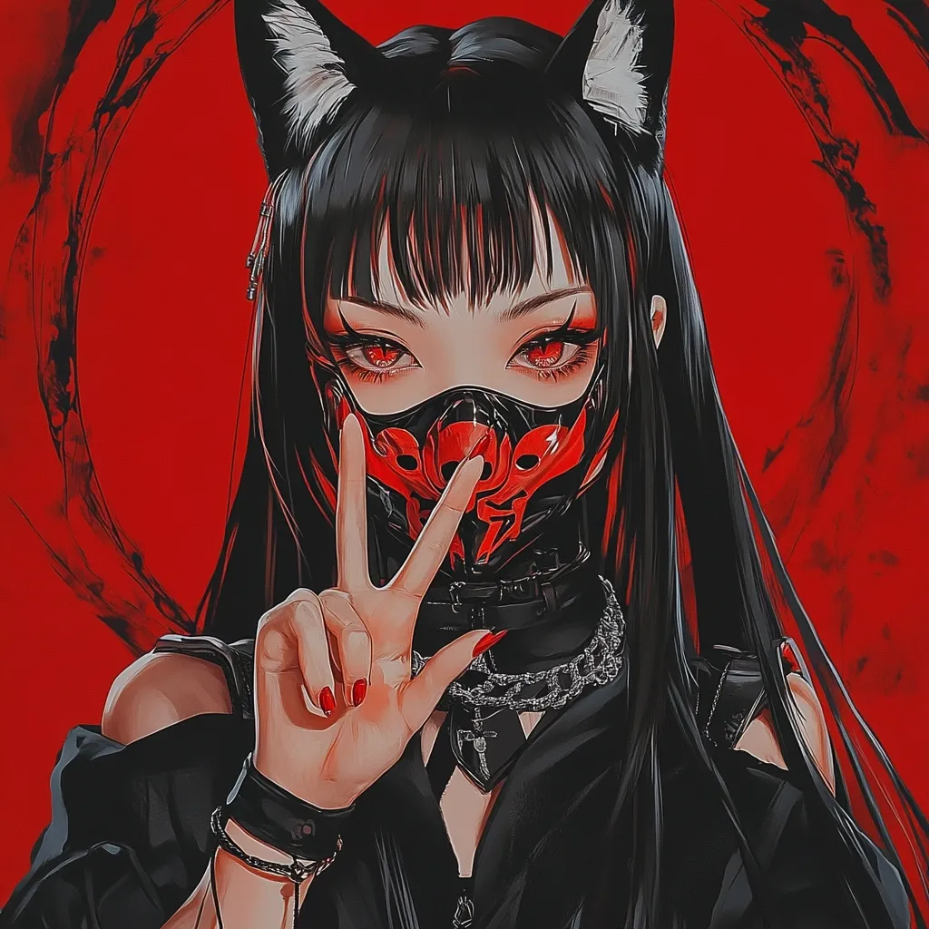 Here's a description of the image:

The illustration showcases an anime-style female character with long, black hair and cat ears.  She wears a red and black mask covering her nose and mouth, and her eyes are striking red. The character is making a peace sign with one hand, adorned with dark jewelry. Her attire consists of dark clothing with a hint of shoulder showing. The background is a dramatic red with black, smoky accents. The overall style is dark, edgy, and stylized with a focus on sharp lines and contrasting colors.